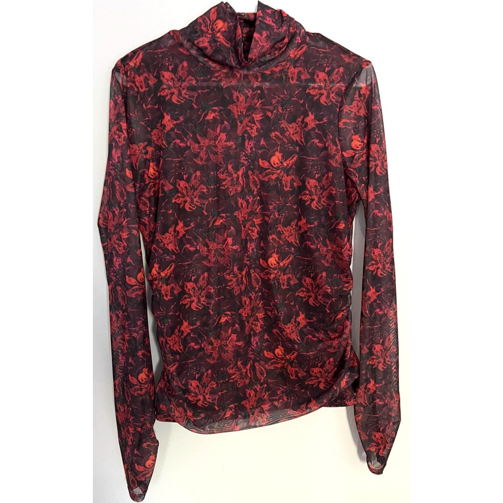 Cinq a Sept (5a7) Shirt Womens XL Sheer Mesh Mock Neck Floral Long Sleeve Ruched